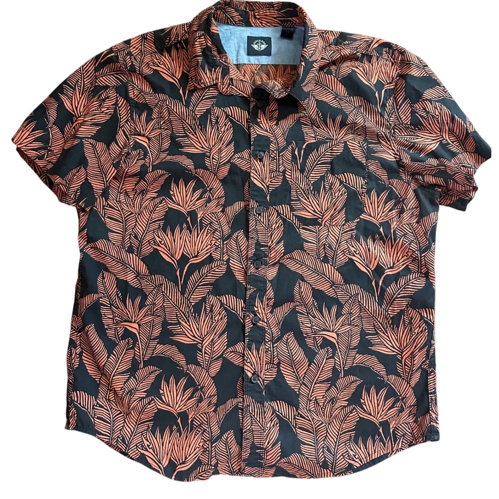 Dockers Mens Short Sleeve Button Down Tropical Palm Floral Shirt Orange Beach L - Picture 1 of 6